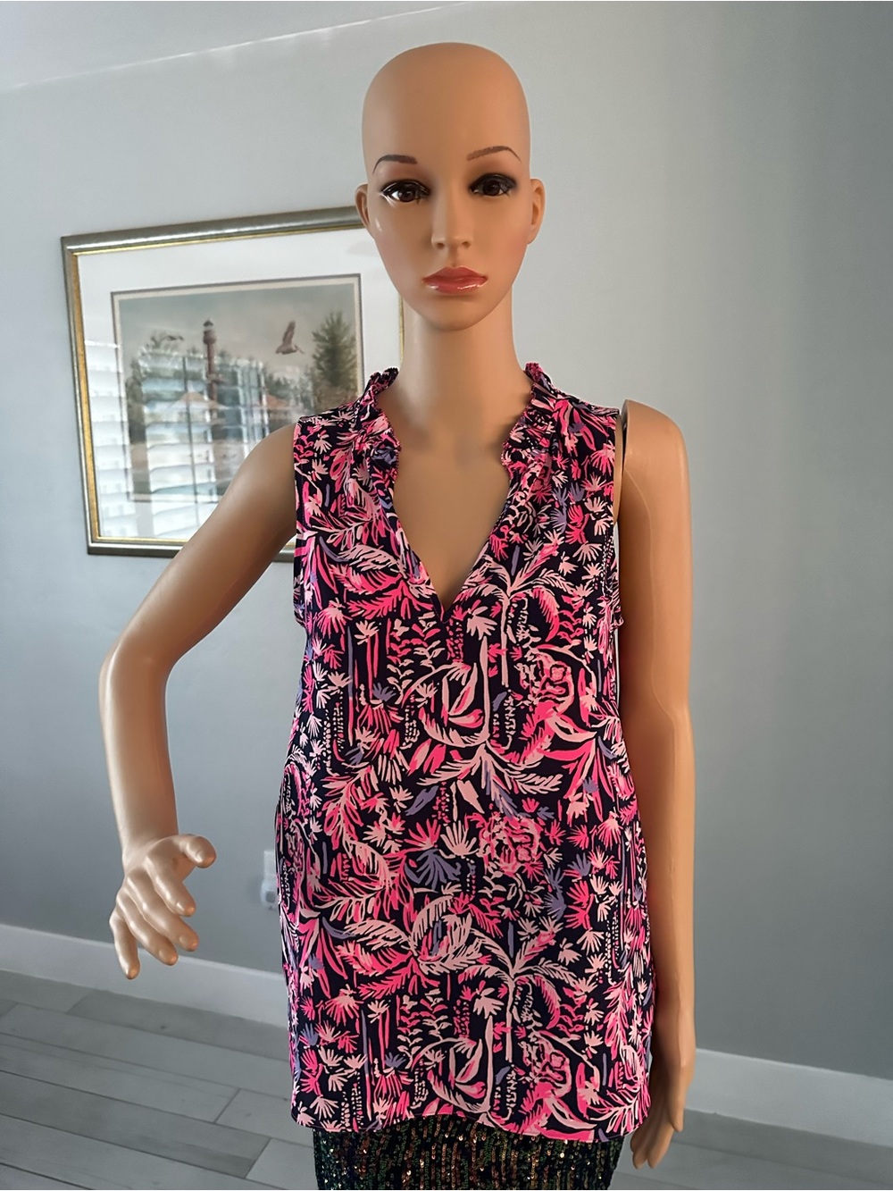 Lilly Pulitzer Navy and Hot Pink Floral Sleeveless Coverup Top